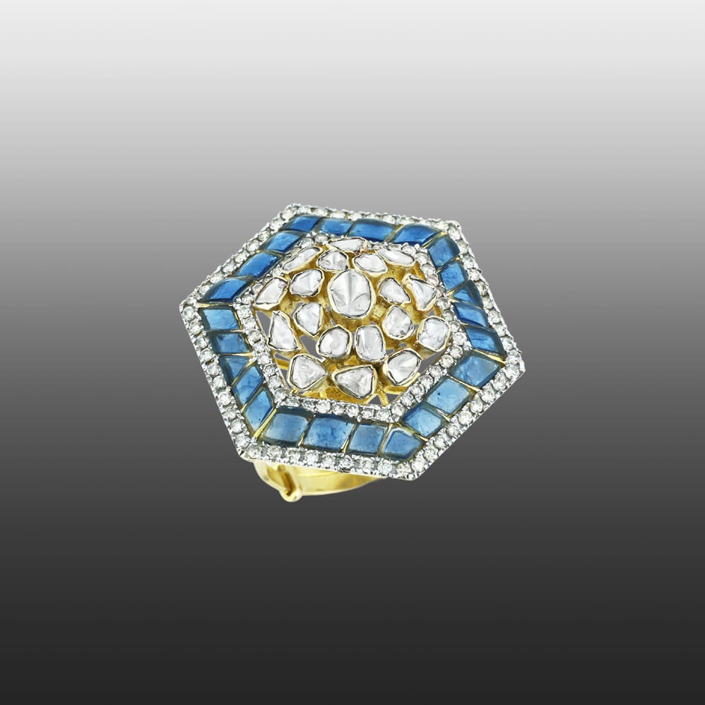 Hexagonal Polki Ring with Blue Talaf and Diamond Halo